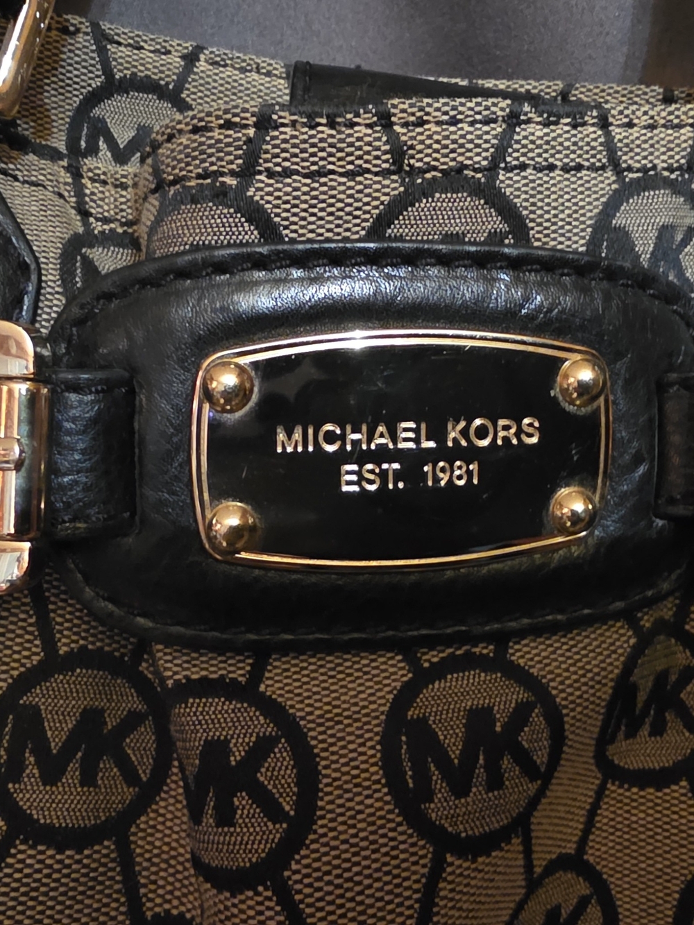 Michael Kors Signature MK Monogram Jacquard Tote Shoulder Bag Black Tan